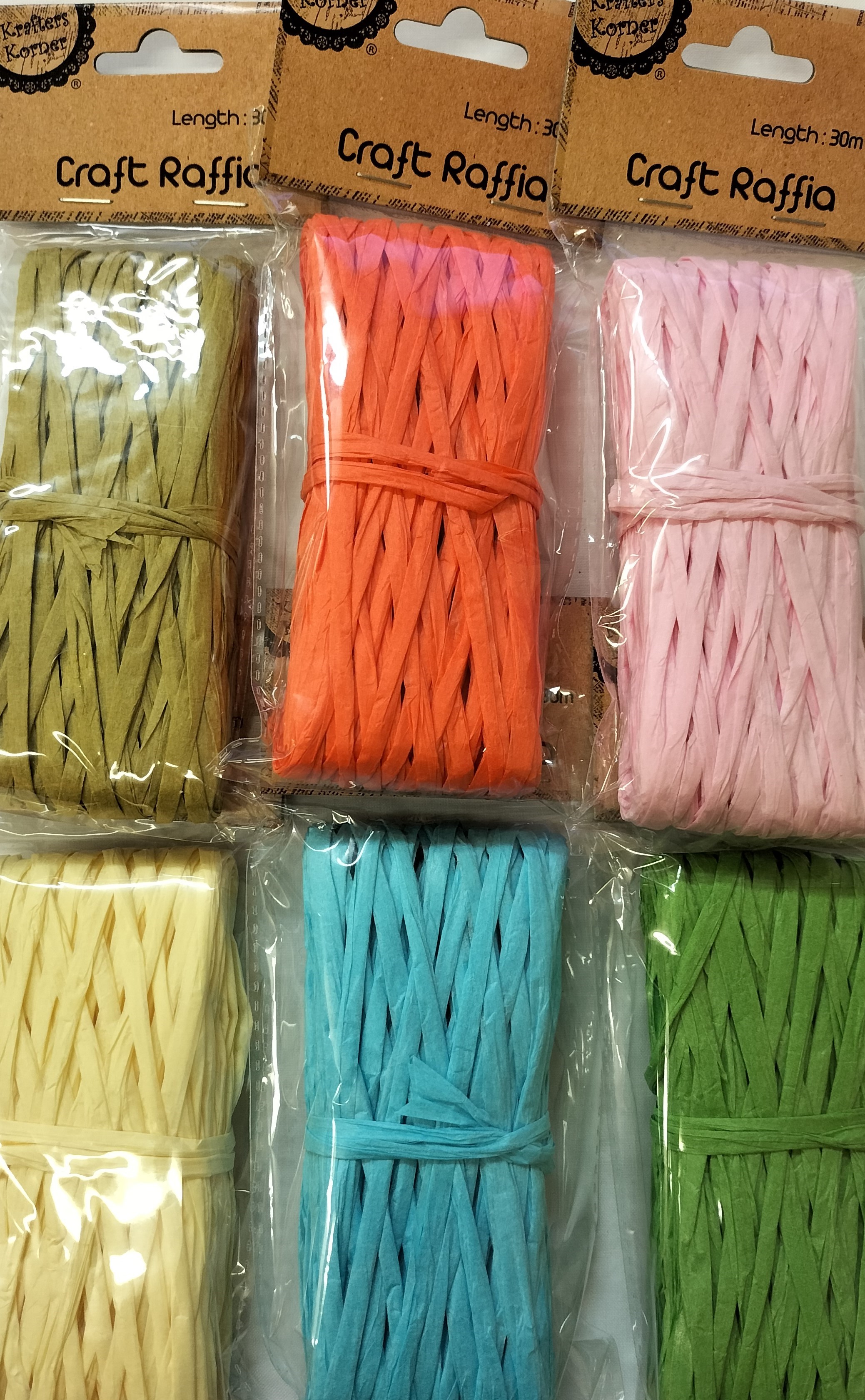 Raffia Flat 6 Cols x 30m ea (Blue, Pink, Green, Or, Y, Olive) KK